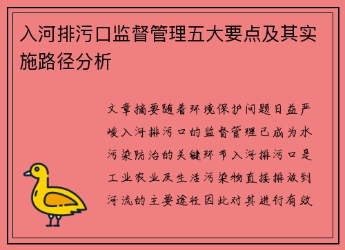入河排污口监督管理五大要点及其实施路径分析
