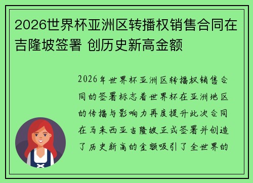 2026世界杯亚洲区转播权销售合同在吉隆坡签署 创历史新高金额