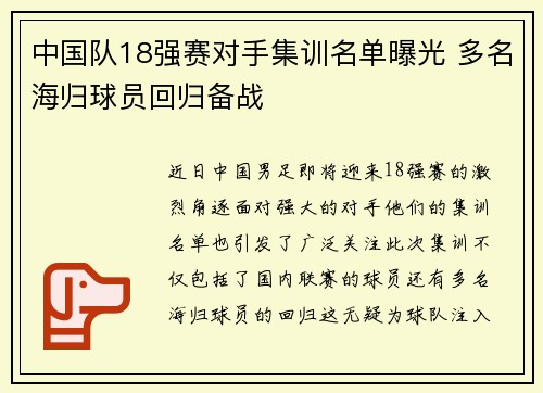 中国队18强赛对手集训名单曝光 多名海归球员回归备战