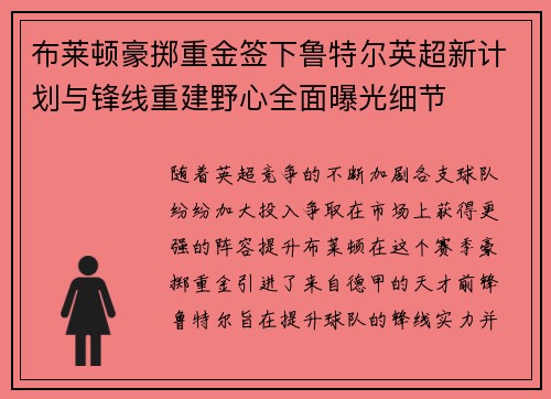 布莱顿豪掷重金签下鲁特尔英超新计划与锋线重建野心全面曝光细节